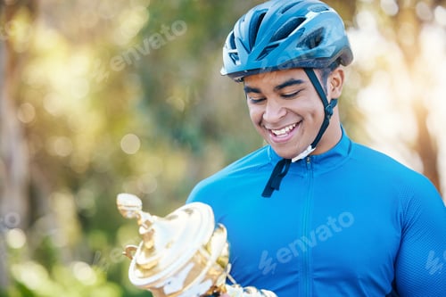 Preview: Winner, trophy or happy man cyclist in celebration of victory performance or success in a race tour