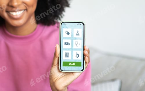 Preview: Smiling black woman demonstrating healthcare app opened on her smartphone