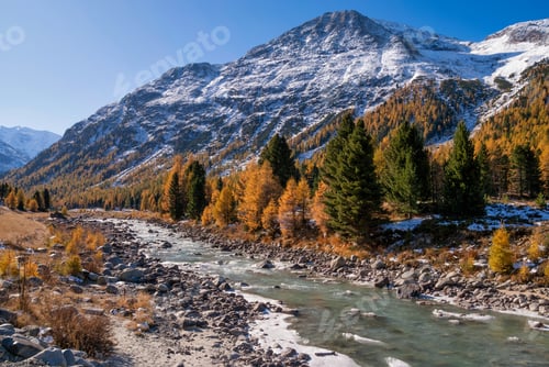 Preview: View over the river at autumn colored trees