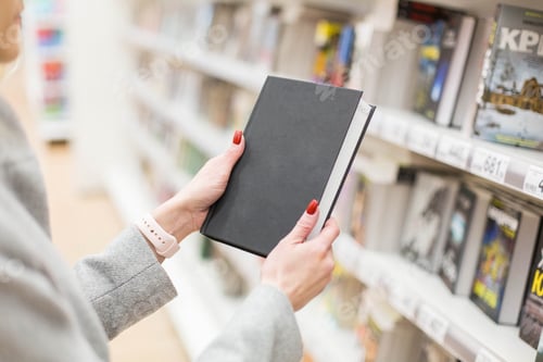 Preview: Young pretty woman with book in library. A girl stands in a bookstore with a book in her hands.