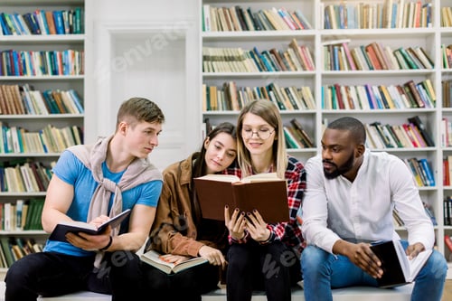 Preview: Happy four young university students studying with books in library. Group of multiracial people in