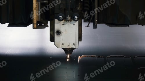 Preview: Laser machine cutting of sheet metal. Clip. Sparks fly from laser by automatic cutting CNC, PLC