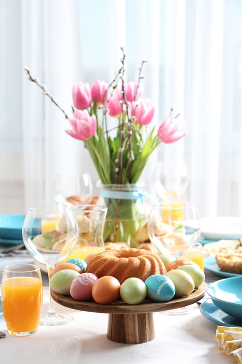 Preview: Festive Easter table setting with traditional meal at home