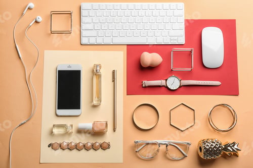 Preview: Blogger's workplace with smartphone and different stuff on color background, flat lay