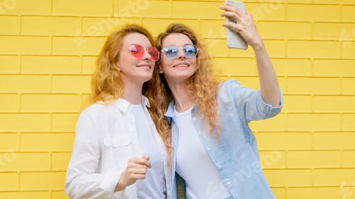 Preview: Selfie, friends, and woman posing with phone outside, peace sign for social media post. Two women si
