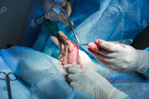 Preview: Veterinary clinic. Surgery dog's feet. The doctor sews up the leg of the dog.