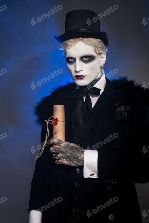 Preview: Epic Halloween costume of a young man with a dramatic disguise in an eerie setting