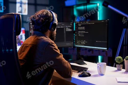 Preview: Developer wearing headphones enjoying podcasts and inspecting coding on PC