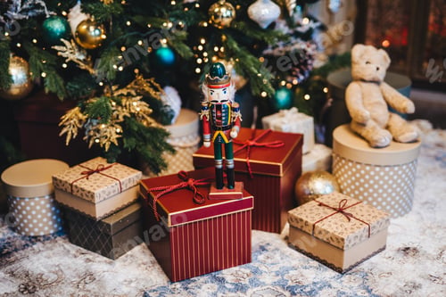 Preview: Many gifts under decorated New Year tree. Home interior and festive atmosphere