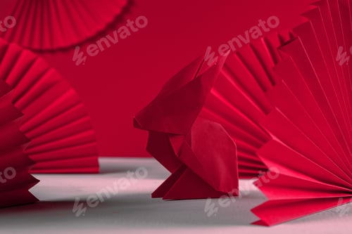 Preview: Chinese New Year .Decor pattern fan on red background. Red paper fans .Lunar New Year banner templat