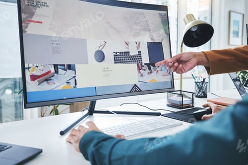 Preview: Hands, teamwork and computer for training, coaching or pointing to website design feedback online.