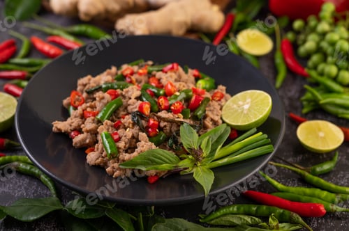 Preview: Stir-fried pork basil on banana leaves in a black dish.