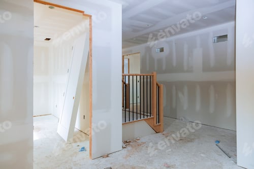 Preview: walls plasterboards with room under construction with finishing putty in the room