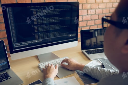 Preview: man working code program developer computer web development working design software