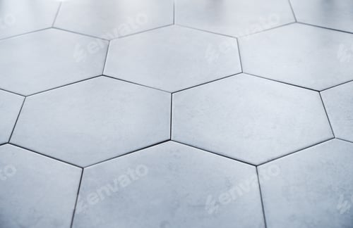 Preview: Background of gray hexagon shaped ceramic tiles. Trendy empty backdrop for displaying products