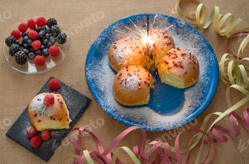 Preview: Home cooking concept. Fresh organic homemade sweet soft milk bread with cream, sparkling lights