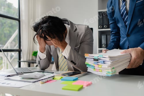 Preview: Company employees are doing stressful gestures due to heavy workload, hard work, businessman with a