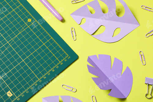 Preview: Patchwork accessories concept on yellow background, mat cutting