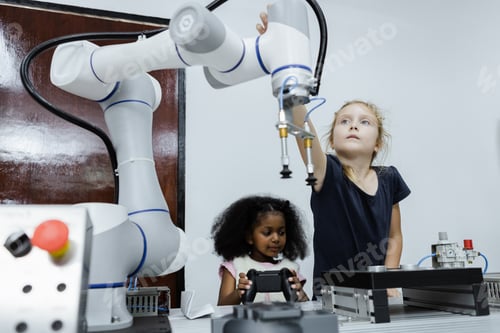 Preview: Children girl caucasoid and girl African American education electronic robotic arm on table at class