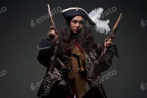 Preview: Caribbean female corsair wearing costume with guns