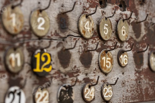 Preview: Selective shot of numbers hanging on a rusty weathered board