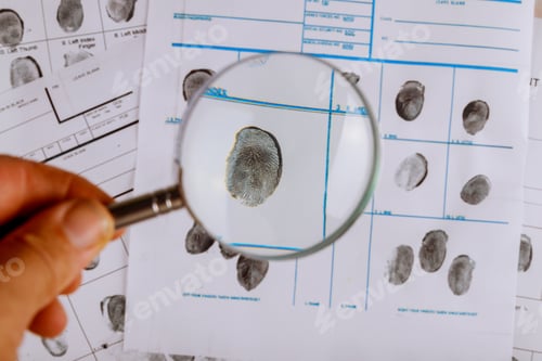 Preview: Criminalist studying magnifying glass and criminal fingerprint card, closeup