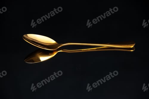 Preview: Top view of shiny golden spoon on black blurred background with free space