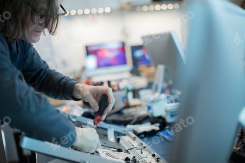 Preview: A m an using a screwdriver on the circuit boards of a computer. Repair technician.