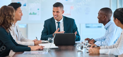 Preview: Diversity business meeting, manager with laptop and collaboration teamwork in an office or corporat