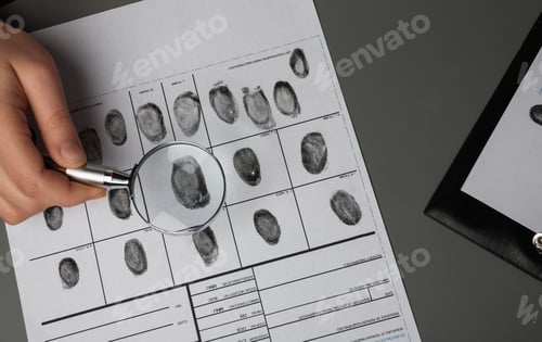 Preview: Criminalist studying fingerprints with magnifying glass, top view
