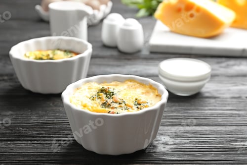 Preview: Tasty broccoli casserole in ramekins on black wooden table