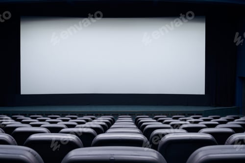 Preview: Blank screen and black seats in cinema hall.