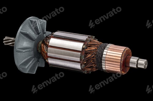 Preview: Rotor or of anchor electric motor closeup, isolated on black background