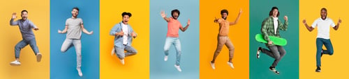Preview: Collection of positive multiracial young men jumping on colorful studio backgrounds