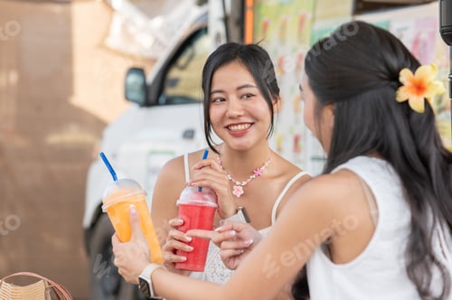 Vista previa: Pretty asian woman holding fresh juice enjoy drinking with a friend while sitting aside food truck.