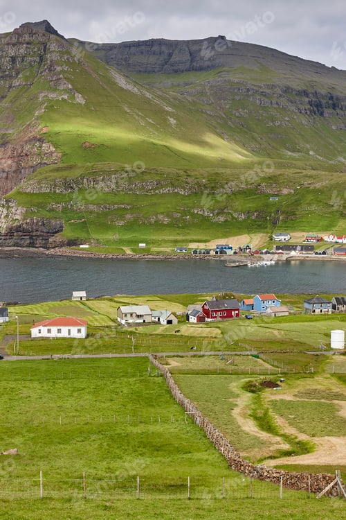 Preview: Picturesque Faroe islands landscape and coastline village, Famjin. Suduroy