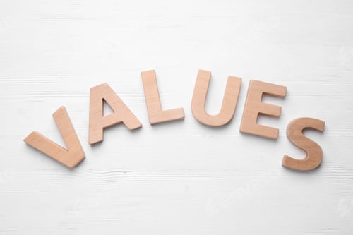 Preview: Word VALUES made of wooden letters on white background, flat lay
