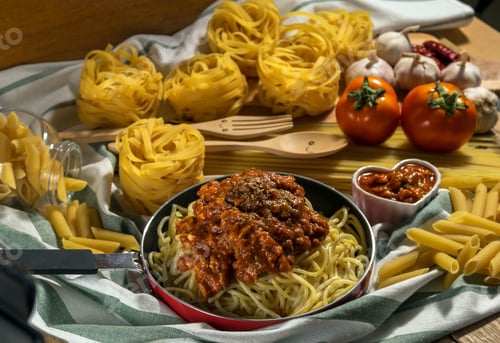 Preview: Various Ingredients for spaghetti bolognee in a pan on wooden and fabric background