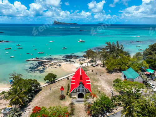 Preview: Red-roof church by the lagoon in Mauritius