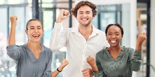 Preview: Teamwork, diversity and celebration with business people excited and happy about target, success or