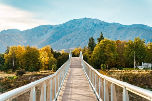 Preview: Arch bridge over Lake Tekapo in autumn forest at New Zealand