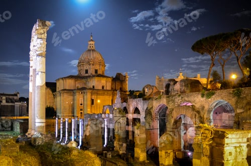 Preview: Forum Romanum, Rome, Italy, with the church of St Luke, at night.