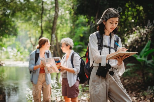 Preview: woman family or friends group trekking travel in adventure lifestyle, nature hiking in vacation