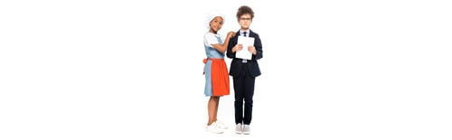 Preview: panoramic shot of african american kid touching boy in glasses and suit holding digital tablet