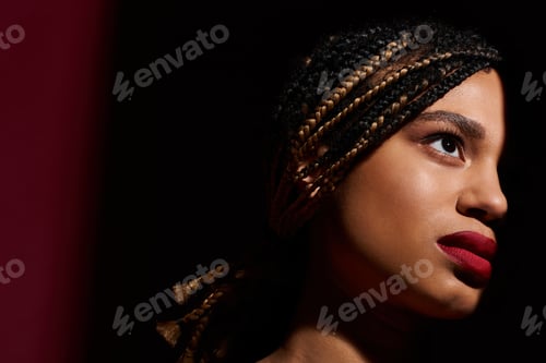 Preview: Stylish young woman with braided hair and bold red lips poses elegantly in a studio setting