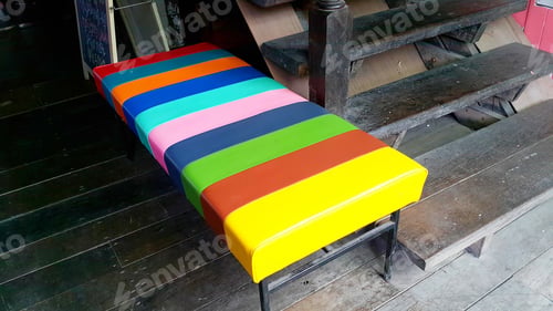 Preview: Colorful wooden sitting chair decoration closeup indoor rustic staircase background