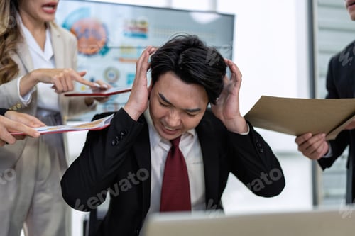 Preview: Stressed overwhelmed business worker feels tired at work overload exhausted suffering from headache