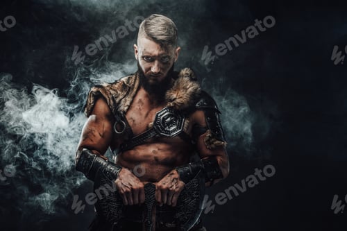 Preview: Nordic barbarian in light armour in smokey background with axe