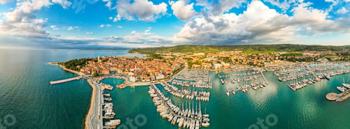 Preview: Izola townscape on the Adriatic coast of the Istrian peninsula in Slovenia. Aerial drone view