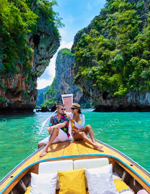 Preview: Luxury Longtail boat in Krabi Thailand, couple man and woman on a trip at the tropical island